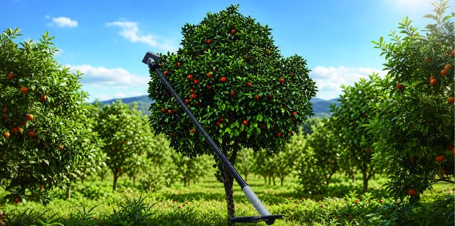 Telescopic camera pole inspecting an orange tree